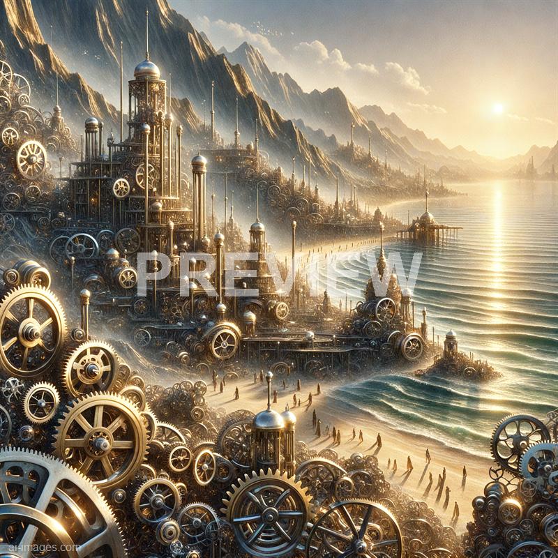 The image depicts a fantastical landscape where a city built entirely of intricate, interconnected gears and cogs extends along a coastline with sandy beaches. The cityscape is set against a backdrop of rugged mountains and a setting sun, casting a warm, golden glow over the scene. The gears and machinery appear ornate and complex, blending steampunk elements with a surreal, almost futuristic environment, while small figures walk along the beach, adding a sense of scale and life to the scene.
